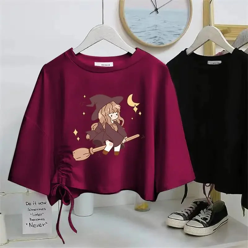 Women’s Drawstring Cotton T-Shirt | Loose O-Neck Drop Sleeve Pullover | Spring Summer Casual Solid Knit Top