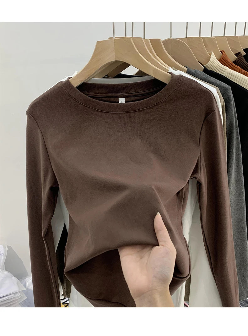 Women's Round Neck Fleece-Lined Long Sleeve Base T-Shirt ❄️ Slimming Inner Wear 👚 Korean Style Commute Fashion 🌟