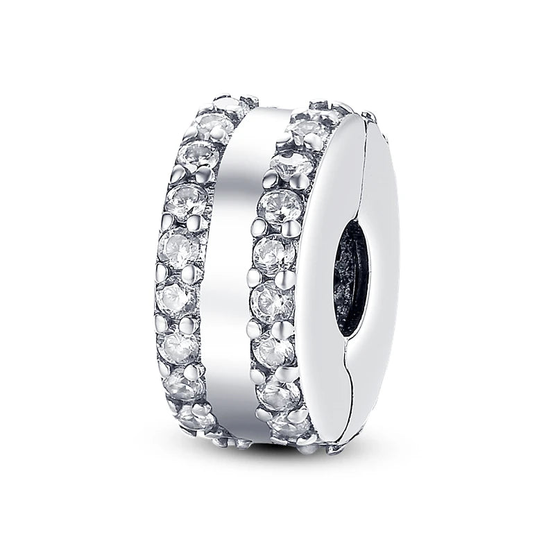 925 Sterling Silver CZ Pave Daisy Clip Charm & Safety Chain – Fits Original Pandora Bracelet, Women’s Silver Stopper Beads Jewelry