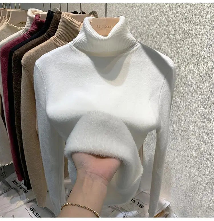 2025 Women’s High Collar Pullover Sweater – Thick Warm Soft Winter Top | Solid Color Bottoming Shirt