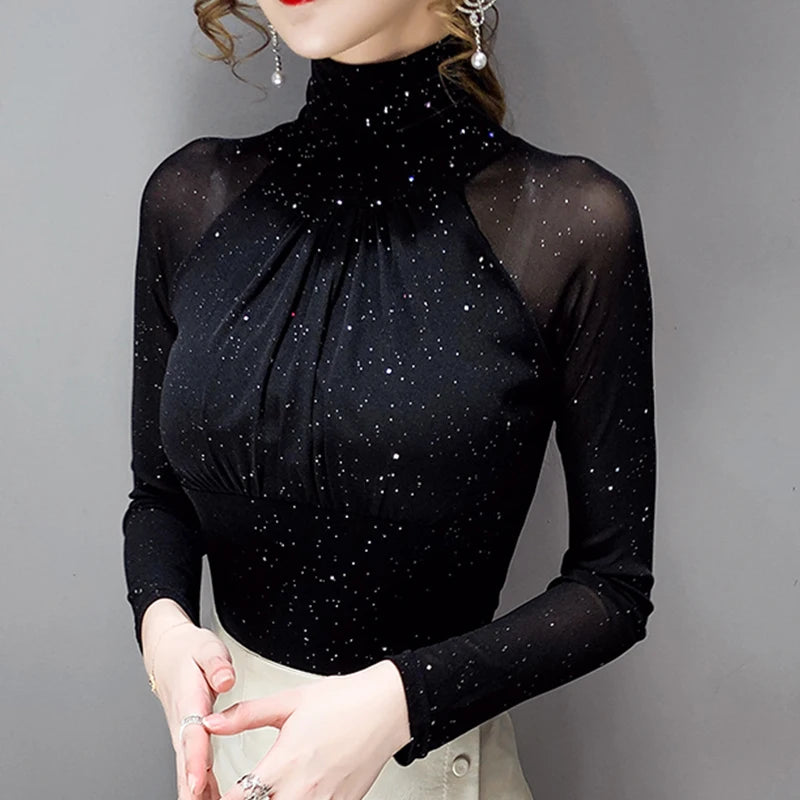 Korean Fashion Women’s Mesh High Neck Top – Sexy Black Silk Casual Bottoming Shirt 🌿✨