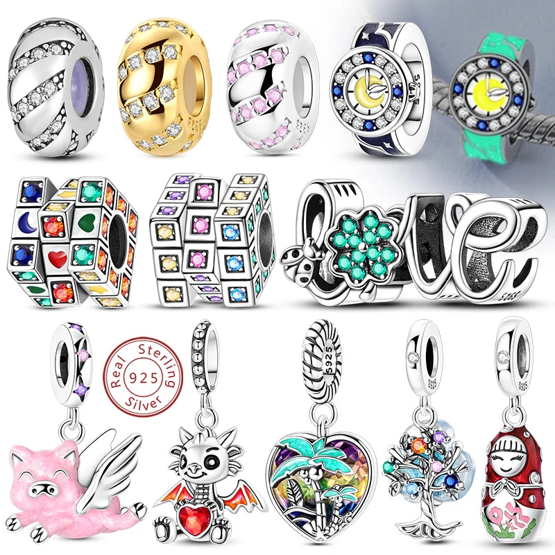 925 Sterling Silver Star, Moon & Watch Cube Charms | Original Beads Fit Bracelet & Pendant DIY Fine Jewelry Gift for Women