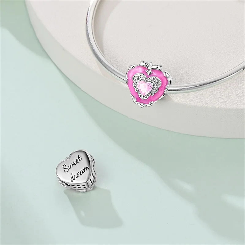 925 Silver Plated Magic Mirror Princess Angel Pink Charm Beads | Fits Original Pan 925 Bracelet | Exquisite DIY Jewelry