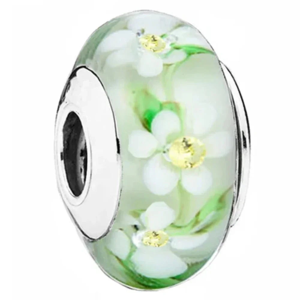 2025 Classic 925 Sterling Silver Colored Flower & Leaf Murano Glass Charm Beads | DIY Bracelet