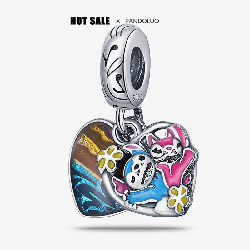 Disney 925 Sterling Silver Mickey, Winnie & Stitch Charm – DIY Pendant Beads for Original Bracelets