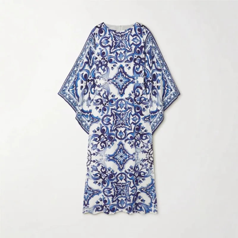 New Spring O-Neck Long Sleeve Maxi Dress for Women | Elegant Loose Commuting Dress | Blue & White Porcelain Print with Side Split