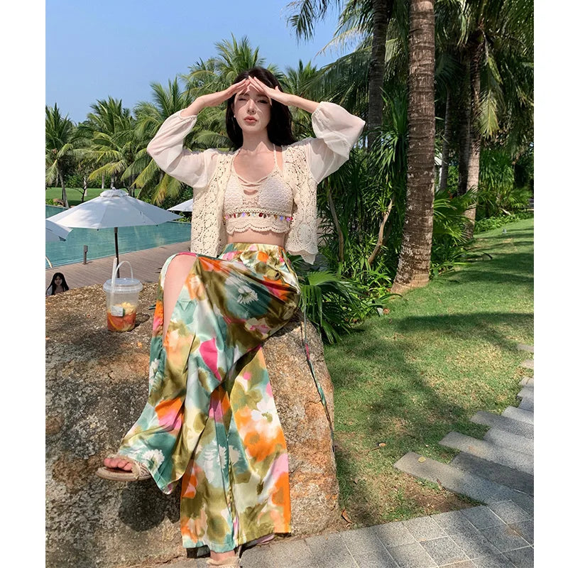 Vacation Style High Waist Wide Leg Pants – Thin Long Ethnic Print Pants for Beach & Holiday Wear