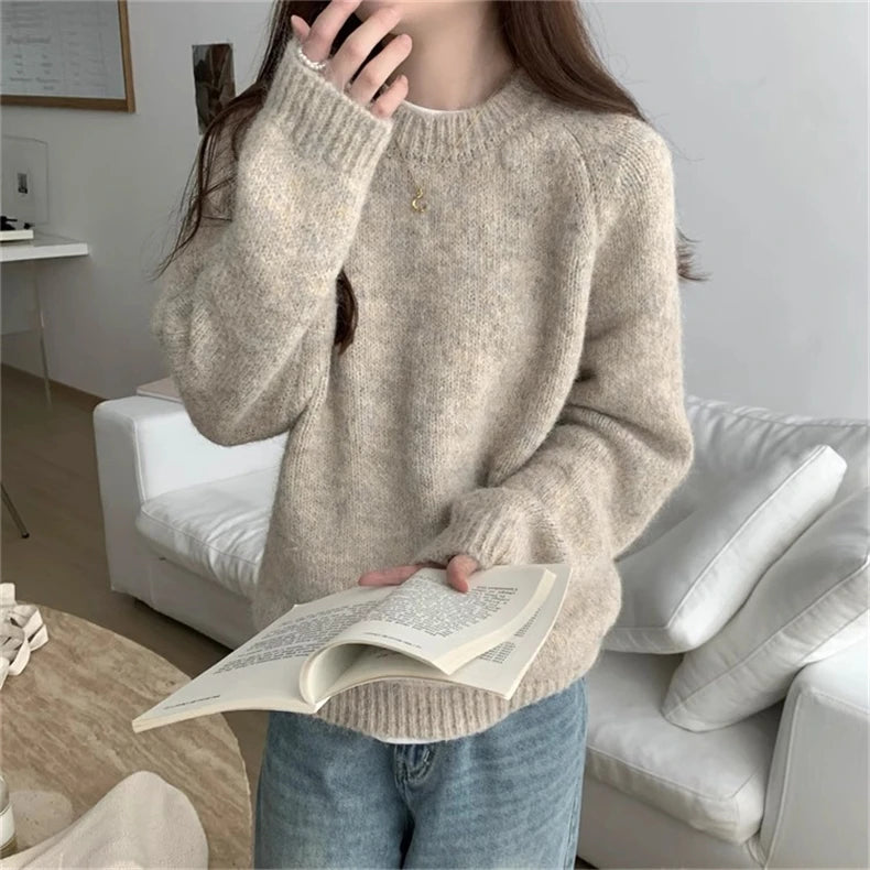 Women’s Round Neck Long Sleeve Knitted Sweater – Loose Fit Comfortable Autumn Winter Casual Inner Wear Top