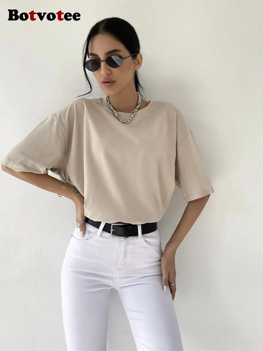 Botvotee 21 Colors Oversized Basic T-Shirts for Women | 100% Cotton Casual Summer Tops | Solid Color Loose Fit Tees