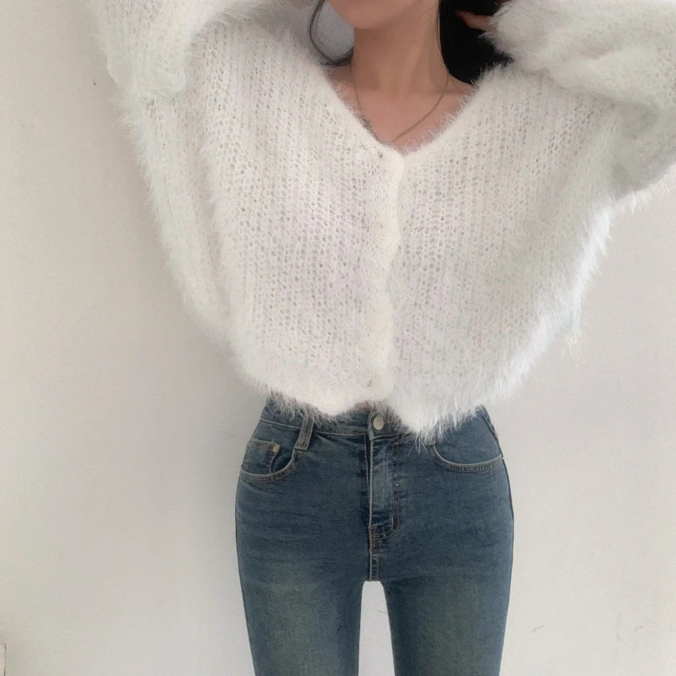 Chic V-Neck Knitted Sweater Coat for Women 🧥✨ Faux Fur Lazy Style Cardigan 💖 Autumn Winter Fashion Outerwear