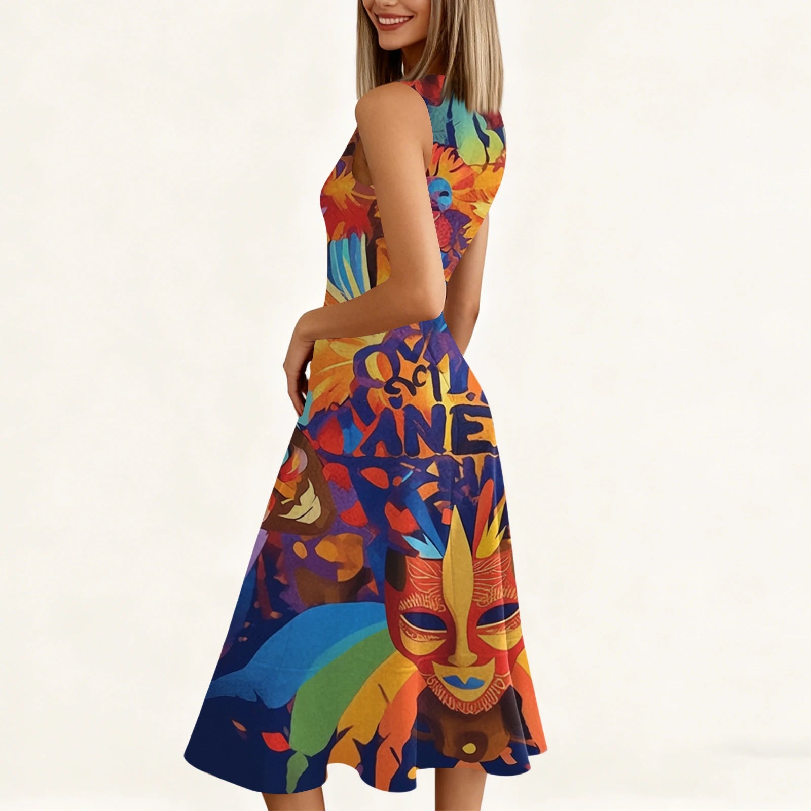 Carnival Women's Dress 🎉 Ruffled Printed Casual Dress 👗 Sleeveless Round Neck Stylish Festival Costume ✨
