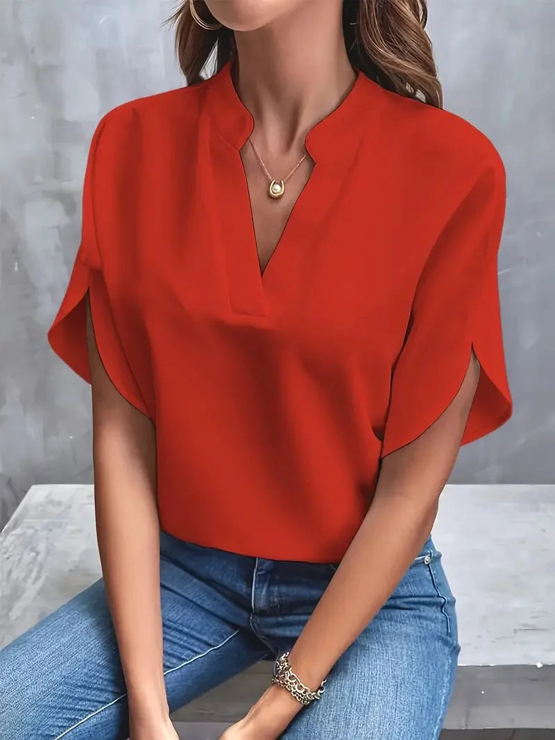 VEITCHE Summer Women Casual Solid Blouse – V-Neck Half Sleeve Office Elegant Loose Pullover Tops 🌸✨