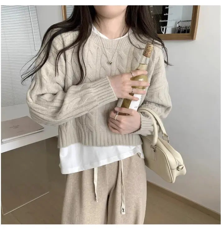 Soft ort Knitted Sweater Women's Top Lazy Sle Inner Wear Autumn Winter New Arrival Twist Cotton Long Sve round Ne Sw...