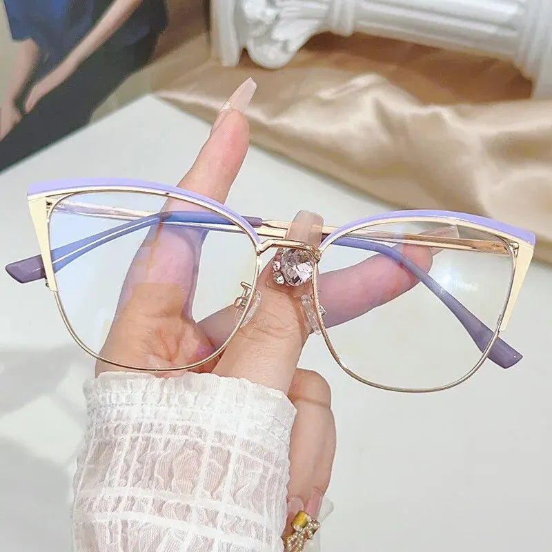 Fashion Cat-Eye Glasses – Women’s Multi-Color Splicing Metal Frames | European & American Color-Changing Anti-Blue Eyewear