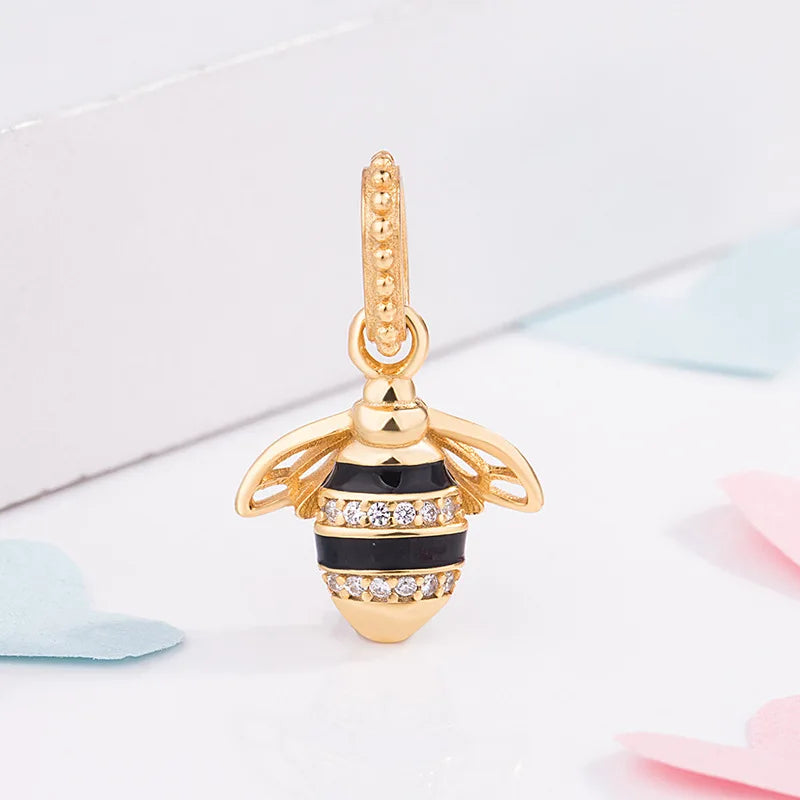 925 Sterling Silver Black Enamel Gold Queen Bee Charm Pendant Fit Pandora Bracelet & Necklace