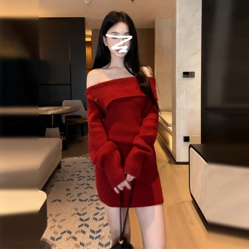 Early Autumn Red Wrap Bodycon Dress for Women 2025 – Knitted Pure Color Slim Fit Waist Dress