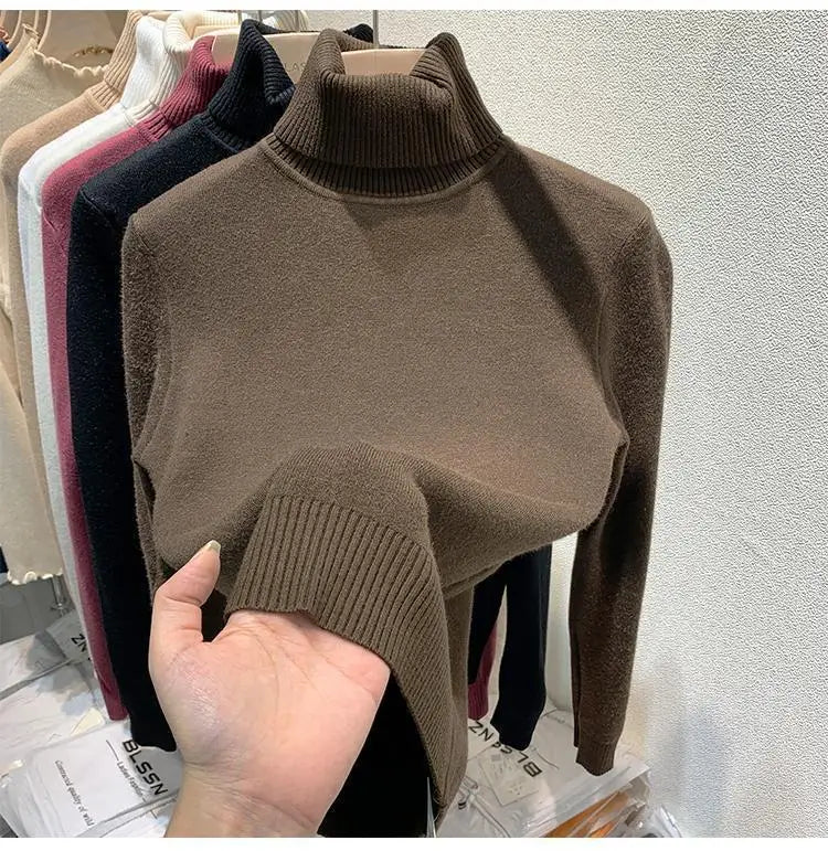 2025 Women’s High Collar Pullover Sweater – Thick Warm Soft Winter Top | Solid Color Bottoming Shirt