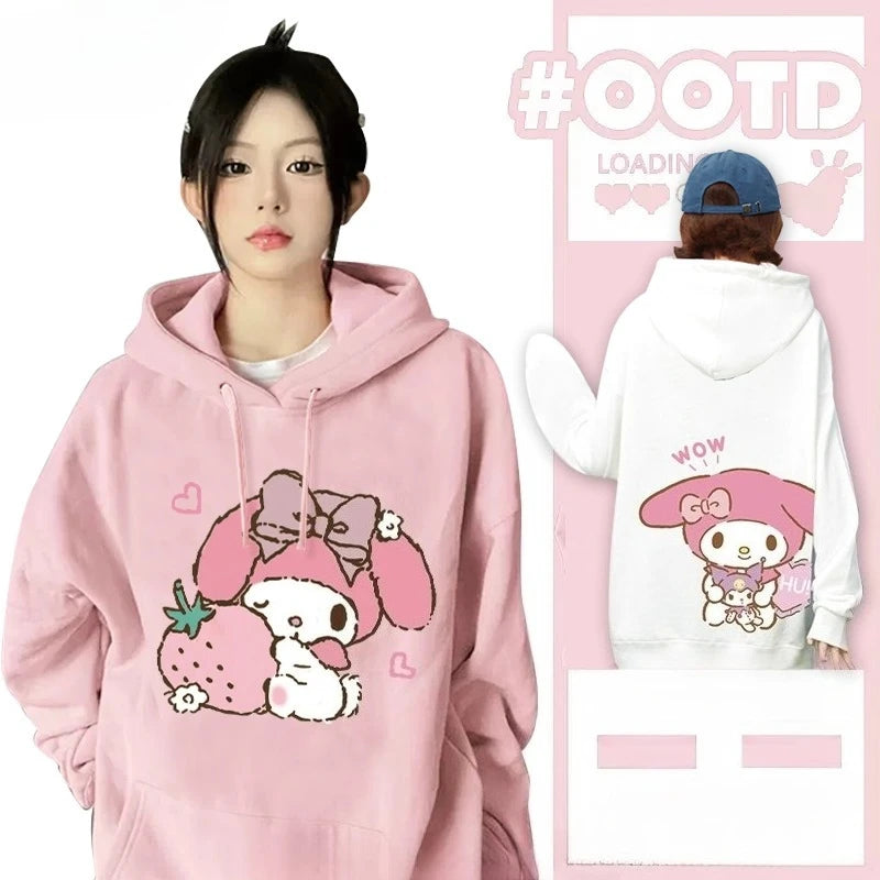 Japanese Retro My Melody Hoodie – Soft Strawberry Print Loose Casual Cute Girl Top 🍓🎀