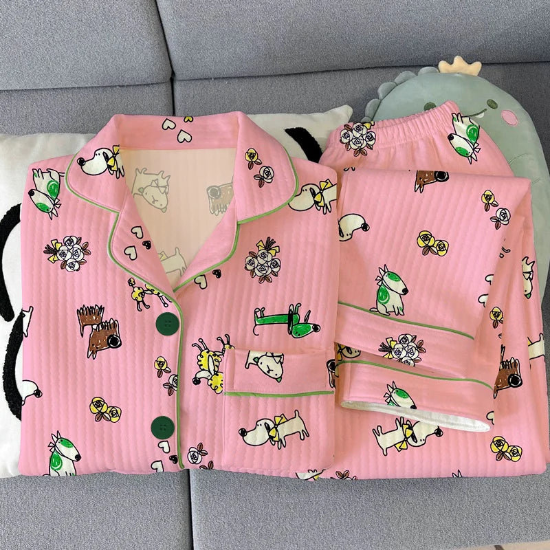 Thickened Air Cotton Women’s Loungewear Set – Lazy Bear Cartoon Long Sleeve Top & Pants 🐻❄️🛋️