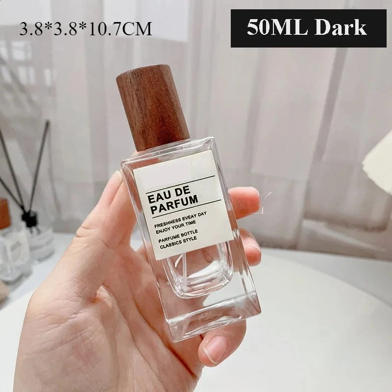 30ml / 50ml Refillable Perfume Bottle – Empty Glass Flat Square Spray Container | Portable Travel Cosmetic Bottle with Wooden Lid
