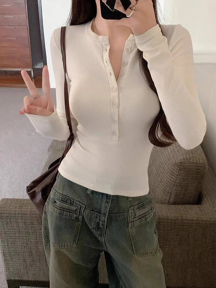 Slim Fit Long Sleeve T-Shirt – Women’s Autumn Winter Open Collar Korean Style | Spicy Girl Commute Top