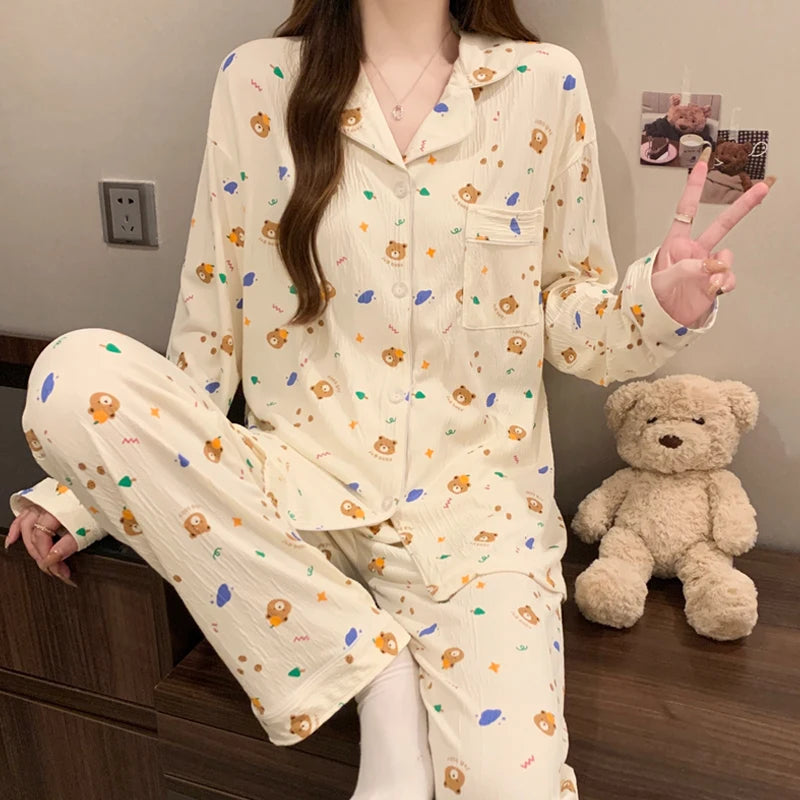 🌸 Pink Bow Pajamas Set for Women 💖 Long Sleeve Top & Elastic Waist Pants 🛌 Harajuku Style Casual Home Wear