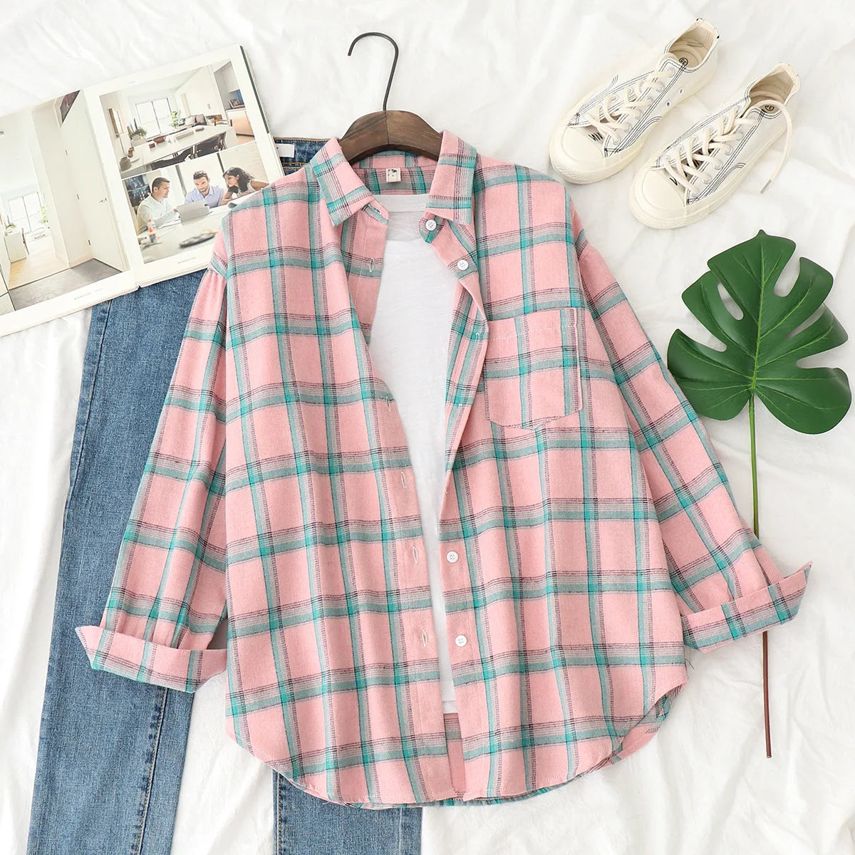 Women’s Plaid Shirt | Spring Autumn Long Sleeve Blouse | Casual Cotton Checkered Top