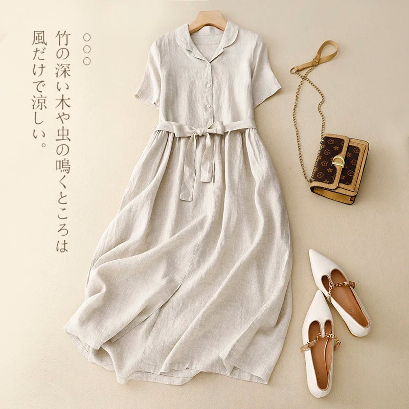 Pure Linen Shirt Dress – Women's Summer Lightweight Breathable Long Dress, Loose Plus Size with Slimming Belt