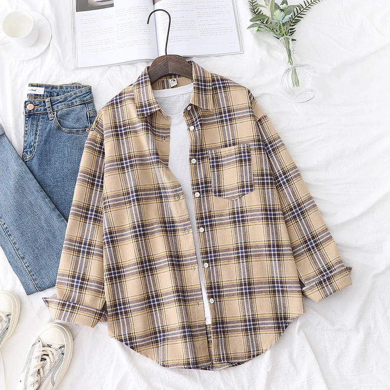 Fresh Flannel Plaid Shirt for Women | 2025 Loose Cotton Long Sleeve Casual Blouse & Top