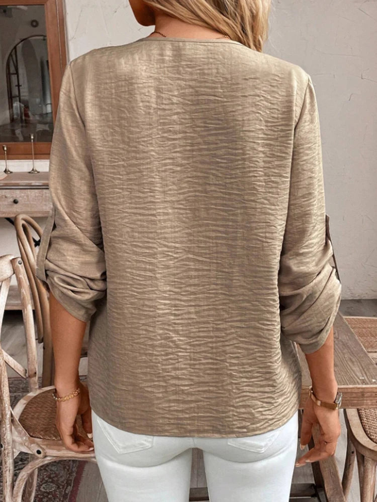 Ladies Elegant Simple V-Neck Commute Shirt – Pure Color Cuffed Sleeve Office & Casual Fashion Top ✨👔