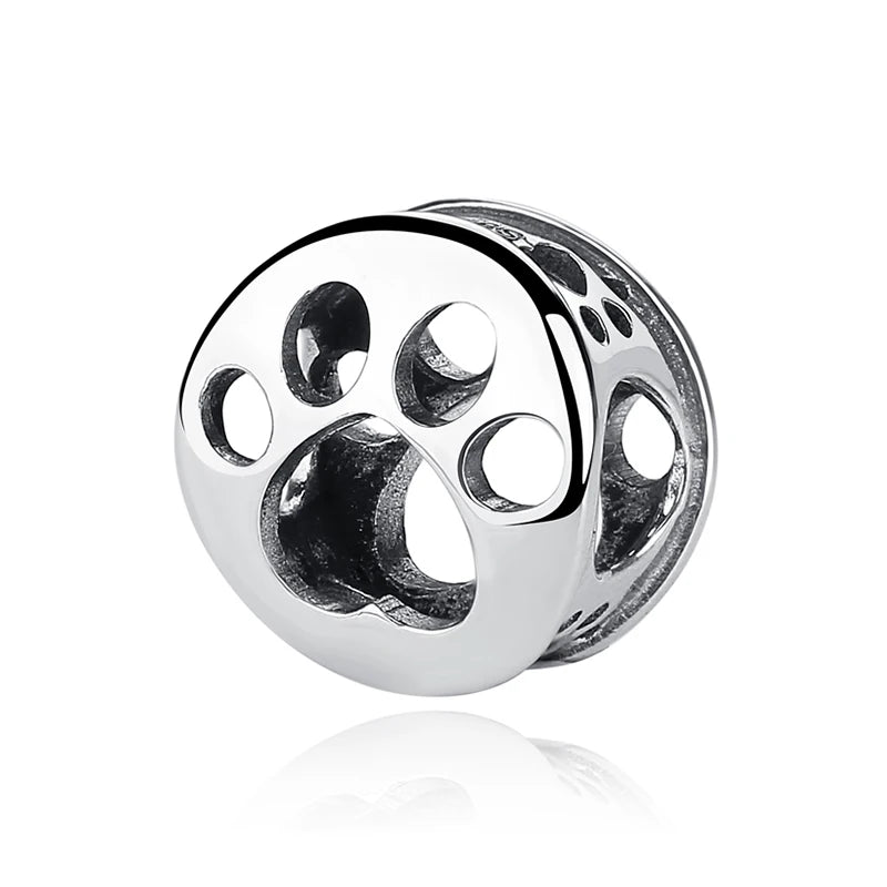 925 Sterling Silver Love Pets Dog Cat Paw Print Charm Beads for Women