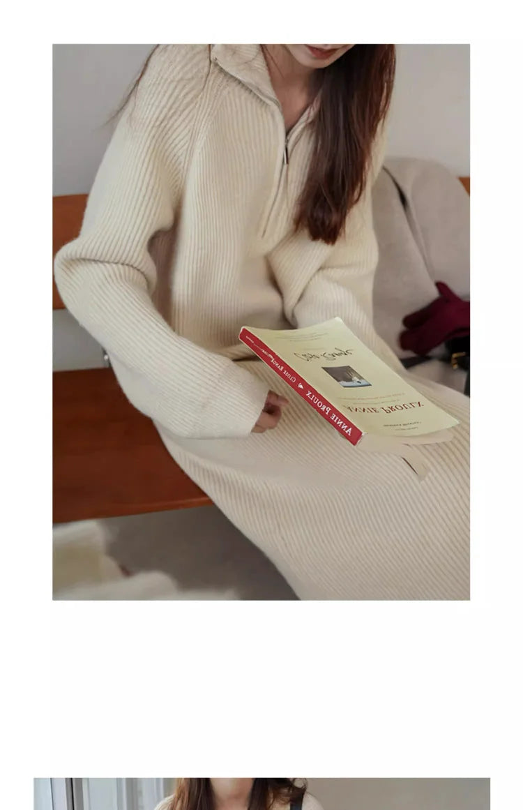Plus Size Women's Knitted Midi Dress – Casual Loose Waist H-Shape Straight Tube Skirt, Long Sleeve Pure Color Polyester Fiber