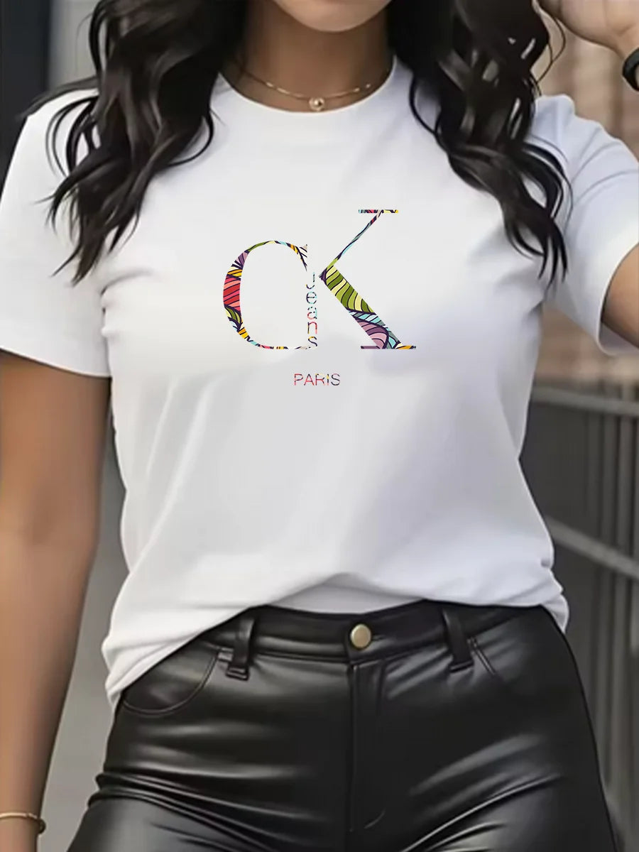 Luxury Brand Cartoon Letter Print T-Shirt | Women's Y2K Summer Trend Top | Fashion Short Sleeve Crew Neck Tee