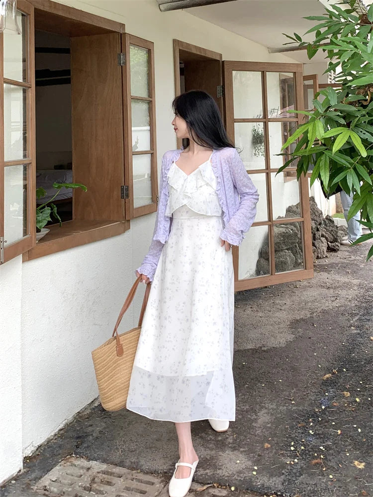 Floral Print Chiffon Tiered Dress – Slimming Tea Break V-Neck Skirt with Plant & Floral Pattern | Women’s Commute Wear