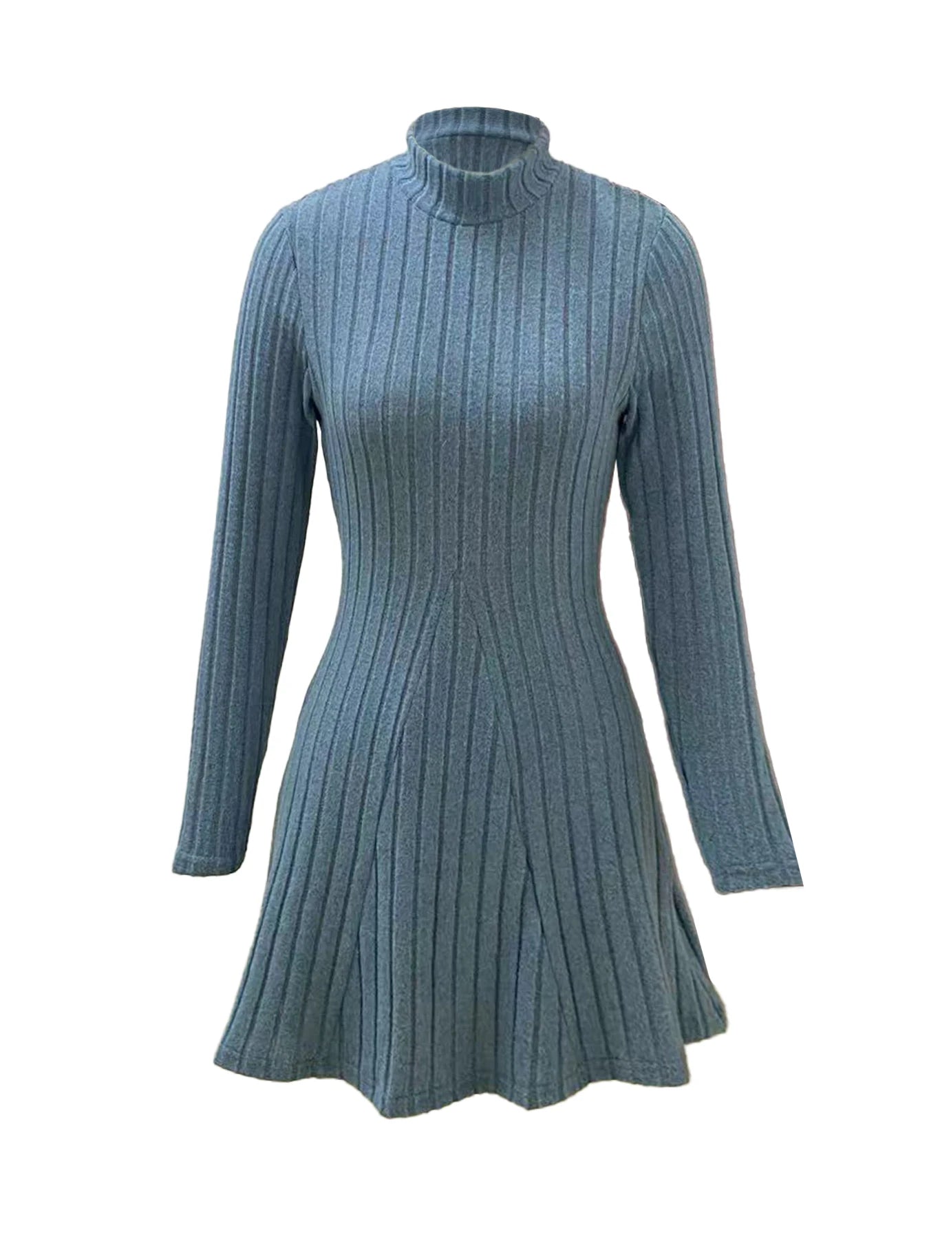 Women’s Slim Fit Half High Collar Dress – Waist Cinched A-Line Pit Stripe Long Sleeve Elegant Autumn Winter Dress