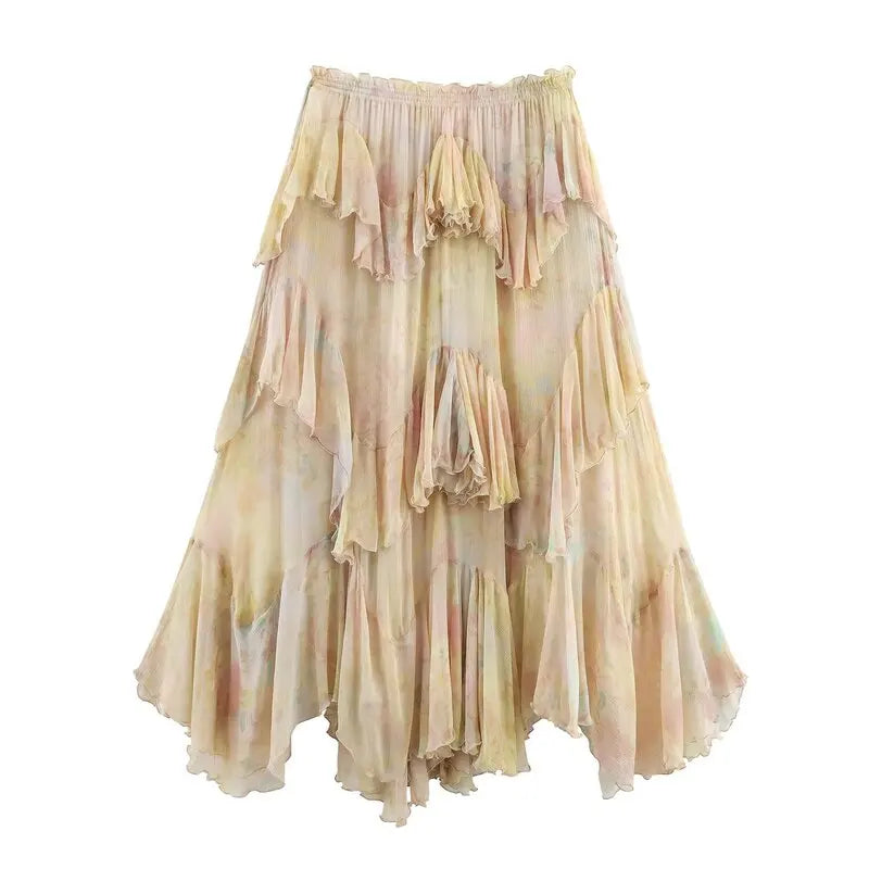Summer 2025 Women’s Long Printed Layered Skirt – High Waist Floral Midi Skirt Fashion Design