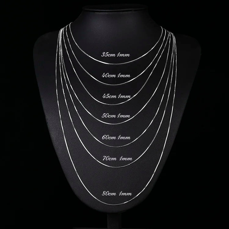 925 Sterling Silver Box Chain Necklace – Thin 1mm Solid Silver Chain for Women, Men & Kids (35–80cm)