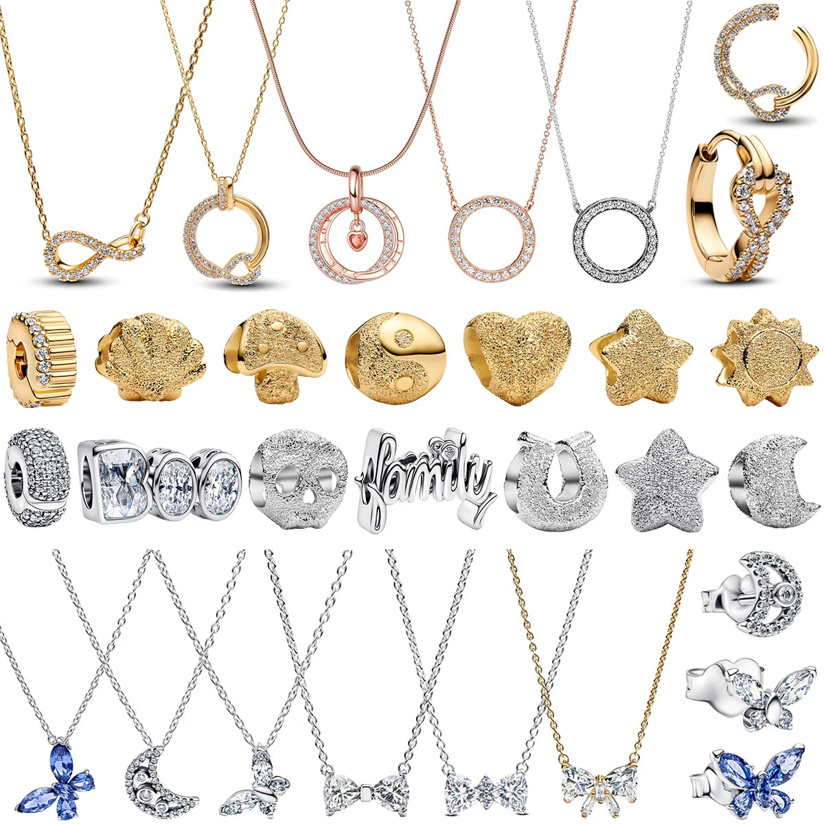 925 Sterling Silver Golden Round Necklace & Bow Earrings Set | Stars, Moon & Heart Charms Beads Women Jewelry Gift