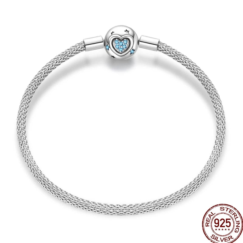 925 Sterling Silver Heart Moon Sun Clasp Charm Bracelet | 17–20CM Original Bracelet for Women | Fits Pandora DIY Beads Jewelry