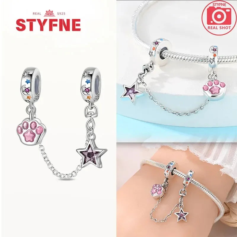 S925 Silver Cute Cat Heart Bead Safety Chain Fit Original Bracelet