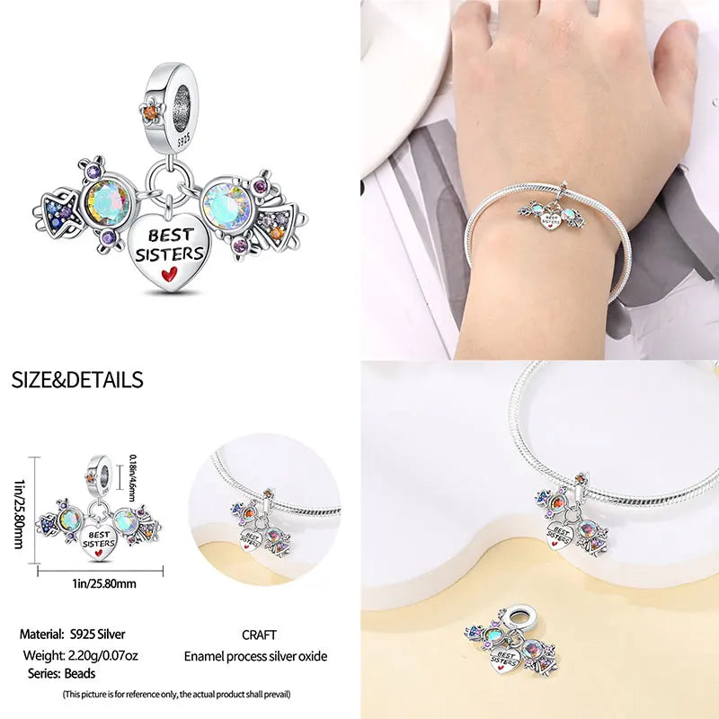 925 Sterling Silver Sweetheart Sister Charm | Fit Original Pandora & 3mm Bracelets DIY Jewelry Gift for Women