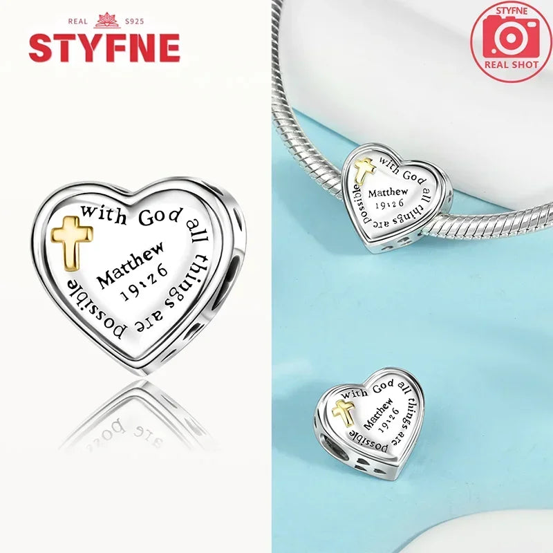 925 Sterling Silver Angel Cross Heart Charms | Fit Pandora Bracelet | Women’s DIY Jewelry Gift