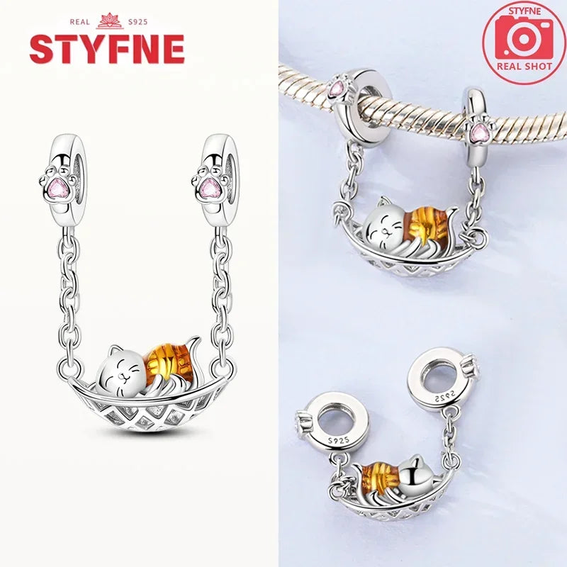 S925 Silver Cute Cat Heart Bead Safety Chain Fit Original Bracelet