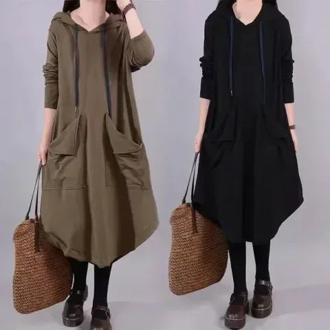 Artistic Loose Midi Dress for Plus Size Women | Autumn Hooded Long Sleeve Polyester Fiber Dress | Casual Commute Fashionable