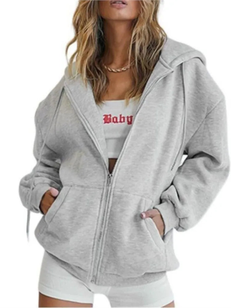 2024 Women’s Solid Hoodie | Elegant Long Sleeve Zipper Drawstring Sweatshirt | Casual Hooded Top with Pockets