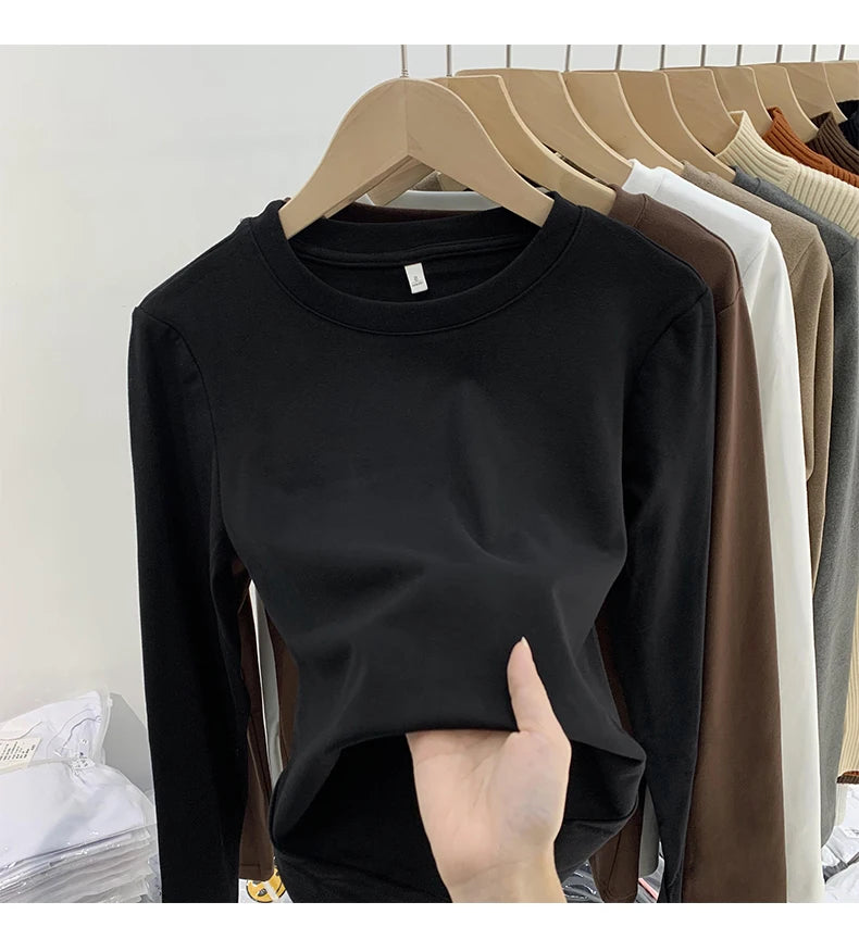 Women’s Winter Thickened Fleece-Lined Round Neck Long Sleeve Base Shirt | Slim Fit Solid Color Thermal Inner Wear Top