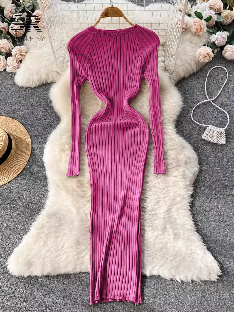 SINGREINY Winter Women’s Knit Maxi Dress – Slim Solid O-Neck Long Sleeve Pencil Sweater Dress | Autumn Harajuku Fashion
