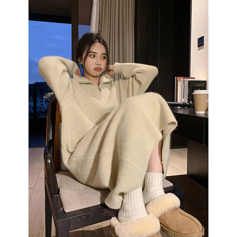 2025 Spring Autumn Knitted Midi Dress for Women | Long Sleeve Loose Fit Base Layer Straight Cut Polyester Dress