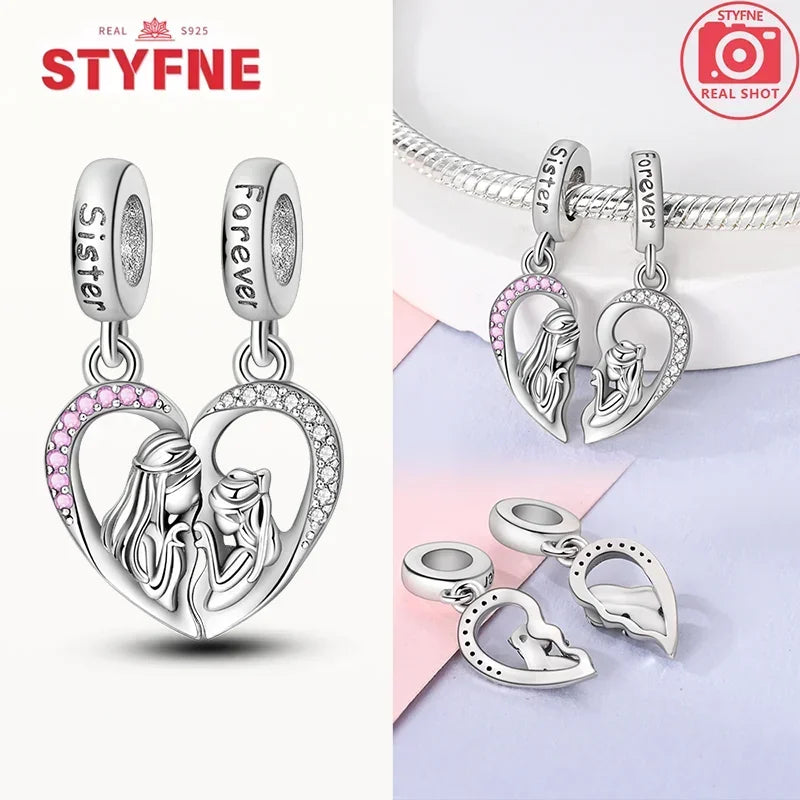 S925 Silver Forever Love Family Sister Heart Charm – Fit Original Bracelet DIY Jewelry Gift for Women & Friends