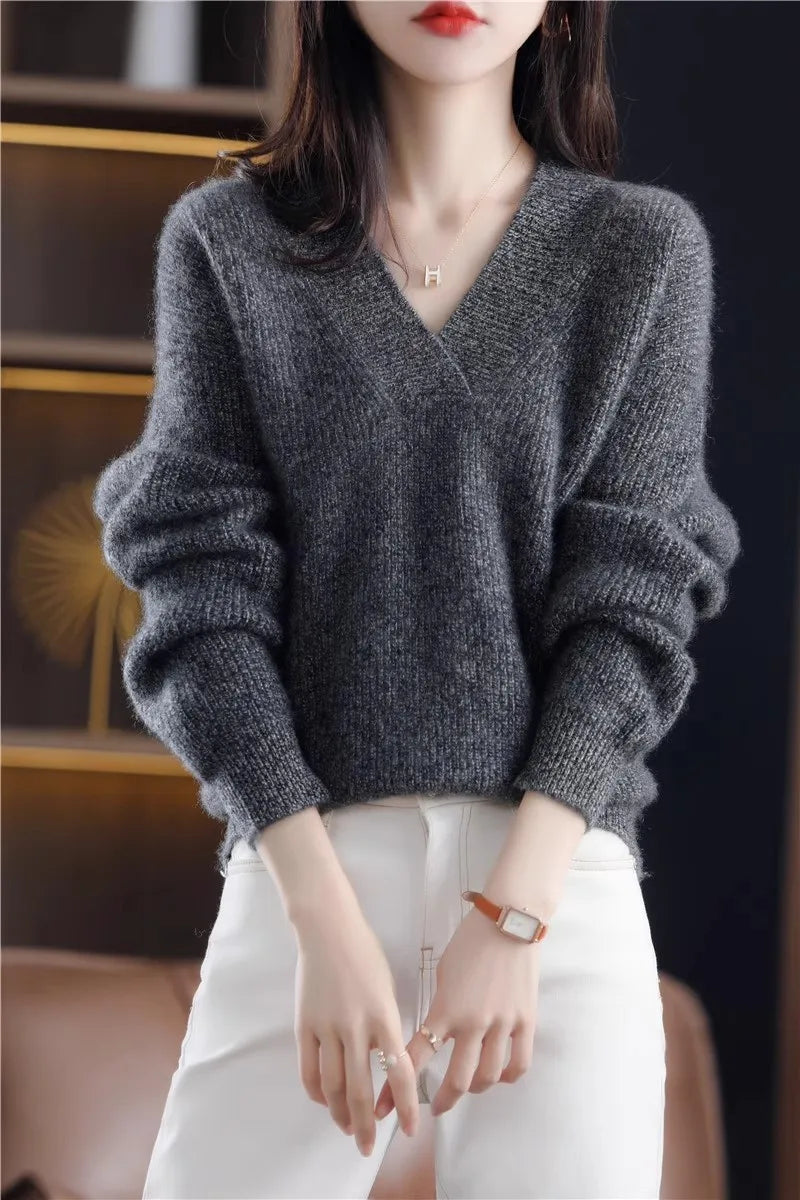 Autumn Winter Women’s V-Neck Knit Sweater – Solid Loose Pullover Soft Warm Casual Top